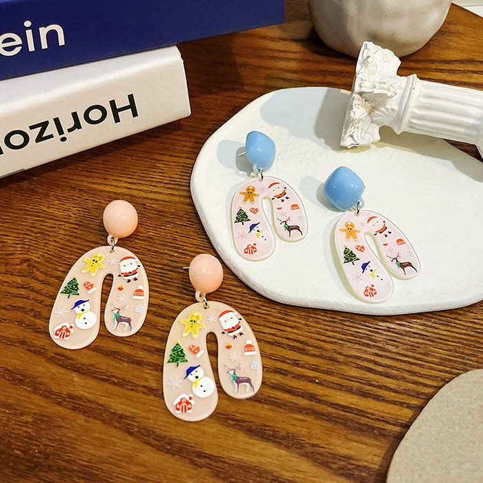 Christmas Cartoon U-Shaped Acrylic Drop Studs With Snowman Santa Tree Printed Charms Earrings