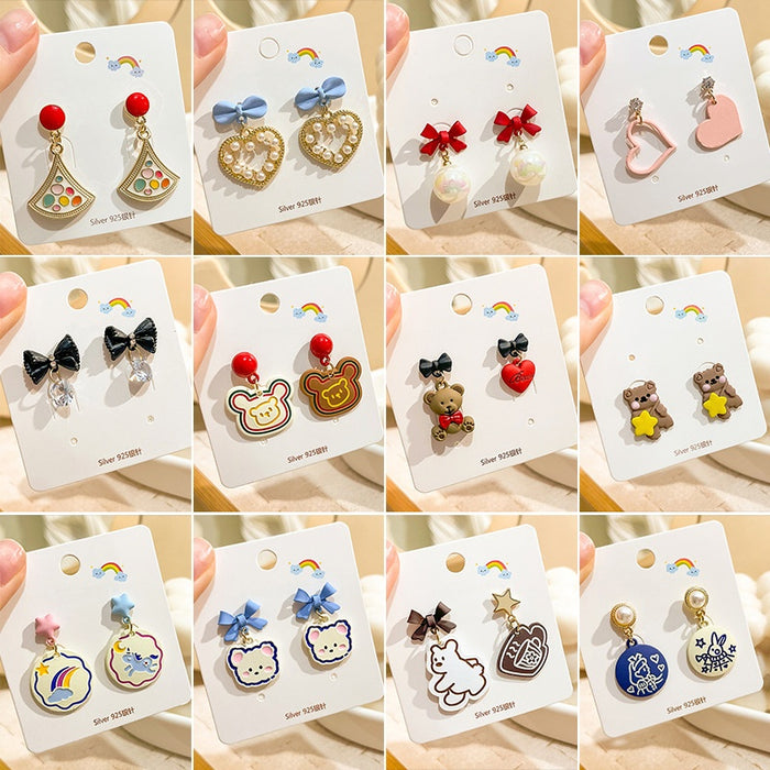 Cute Bear Sterling Silver Needle Stud Earrings, Asymmetric Cartoon Heart Girl Jewelry