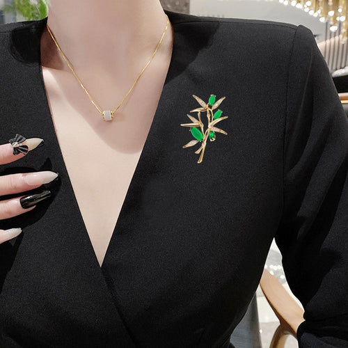 Alloy Bamboo Brooch With Zircon Inlay For Elegant Lapel Decor