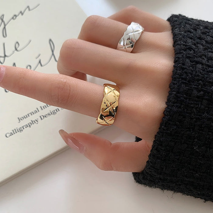 Gold Plated Plaid Open Ring For Women