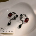 Vintage Dark Alloy Thorn Vine Hoop Studs With Red Enamel Rose Flower Drops Elegant Women's Earrings view 4
