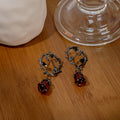 Vintage Dark Alloy Thorn Vine Hoop Studs With Red Enamel Rose Flower Drops Elegant Women's Earrings view 3