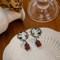 Vintage Dark Alloy Thorn Vine Hoop Studs With Red Enamel Rose Flower Drops Elegant Women's Earrings view 1