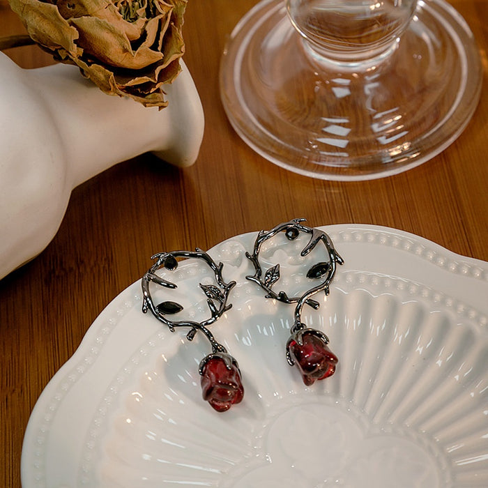 Vintage Dark Alloy Thorn Vine Hoop Studs With Red Enamel Rose Flower Drops Elegant Women's Earrings