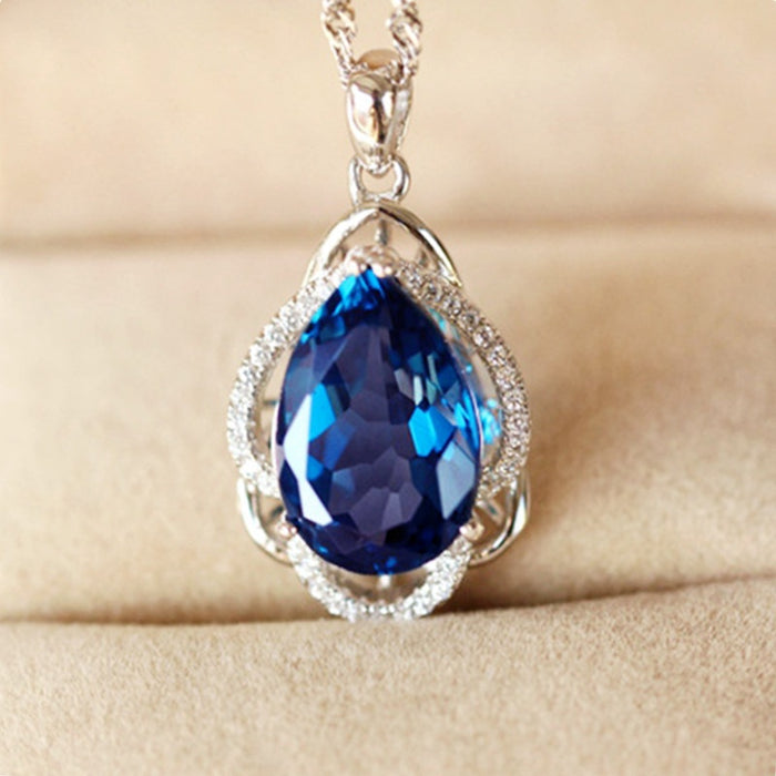 Luxury Sapphire Blue Zircon Pendant Necklace For Women With Simulated Gemstone Charm