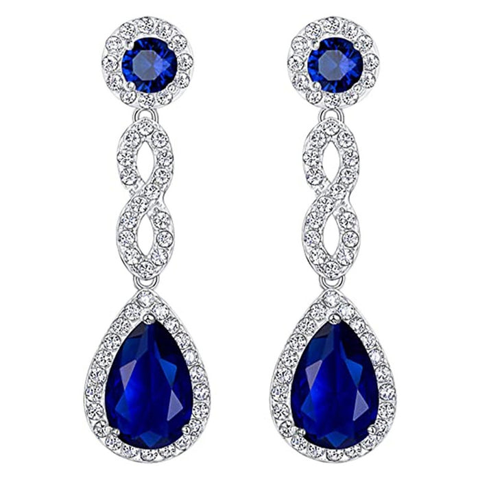 Classic Teardrop Long Stud Earrings With Micro Pave Royal Blue Zircon For Bridal Evening Jewelry