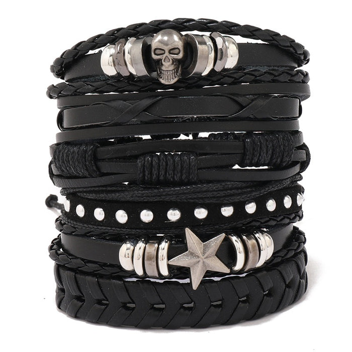 Men's Handmade Braided Leather Bracelet Set, Simple Multilayer DIY 6 Piece Fashion Wristbands