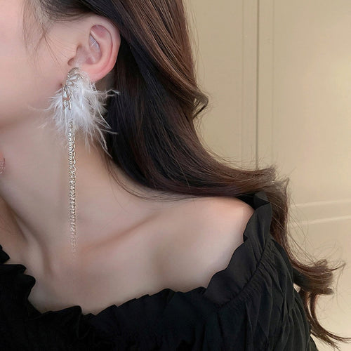 Asymmetric Metal Feather Butterfly Rhinestone Tassel Drop Earrings With Silver Pins