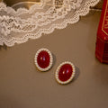 Korean Oval Pearl Rhinestone Stud Earrings Luxury Red Gemstone Statement Alloy Earrings view 4