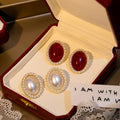 Korean Oval Pearl Rhinestone Stud Earrings Luxury Red Gemstone Statement Alloy Earrings view 2