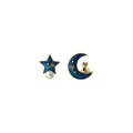 Korean Blue Enamel Moon Star Pearl Stud Earrings, Elegant Gold Alloy Rhinestone Celestial Earrings view 5