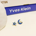 Korean Blue Enamel Moon Star Pearl Stud Earrings, Elegant Gold Alloy Rhinestone Celestial Earrings view 3