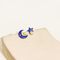 Korean Blue Enamel Moon Star Pearl Stud Earrings, Elegant Gold Alloy Rhinestone Celestial Earrings view 4