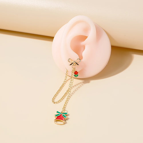 Elegant Enamel Christmas Tree Bell Bow Chain Tassel Alloy Dangle Drop Earrings
