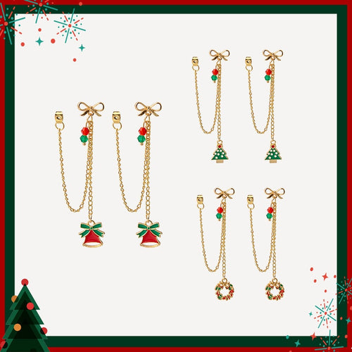 Elegant Enamel Christmas Tree Bell Bow Chain Tassel Alloy Dangle Drop Earrings
