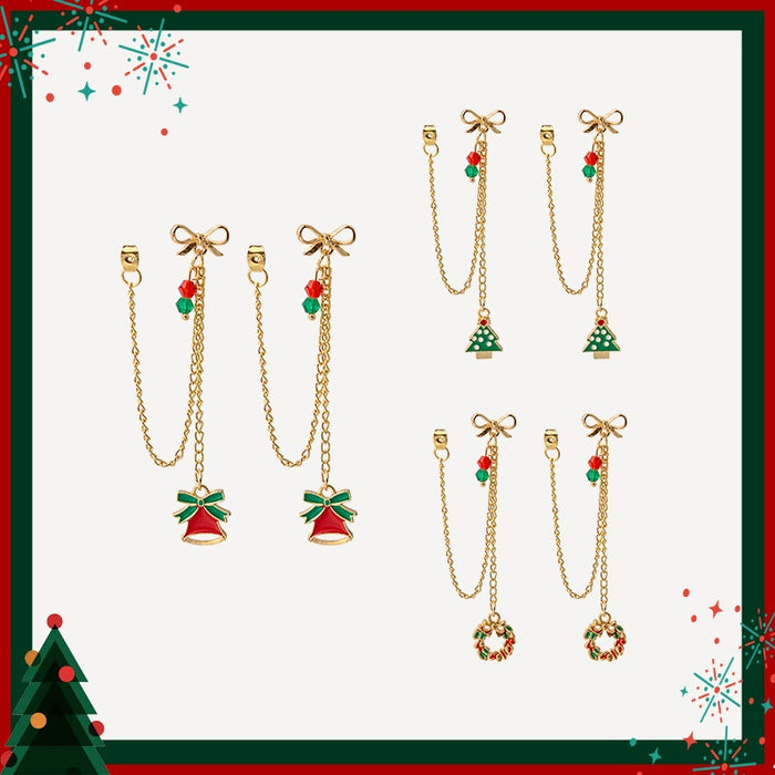 Elegant Enamel Christmas Tree Bell Bow Chain Tassel Alloy Dangle Drop Earrings