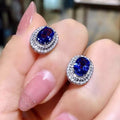 French Vintage Womens Stud Earrings, Sapphire Blue Oval Zircon Hepburn Style Fashion Ear Jewelry view 2