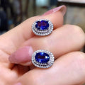 French Vintage Womens Stud Earrings, Sapphire Blue Oval Zircon Hepburn Style Fashion Ear Jewelry view 3
