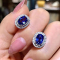 French Vintage Womens Stud Earrings, Sapphire Blue Oval Zircon Hepburn Style Fashion Ear Jewelry view 1