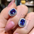 French Vintage Womens Stud Earrings, Sapphire Blue Oval Zircon Hepburn Style Fashion Ear Jewelry view 4