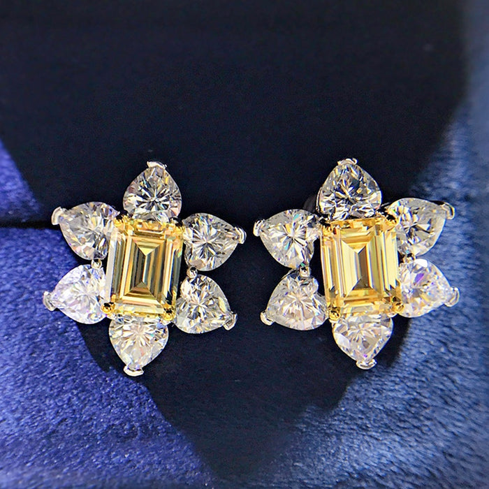 Sparkling Yellow Diamond Color Flower Stud Earrings, Full Pave Zircon Bridal Evening Jewelry