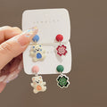 Cute Enamel Flower Bear Colorblock Stud Dangle Earrings For Women Simple Niche Design Silver Needle Earrings view 1