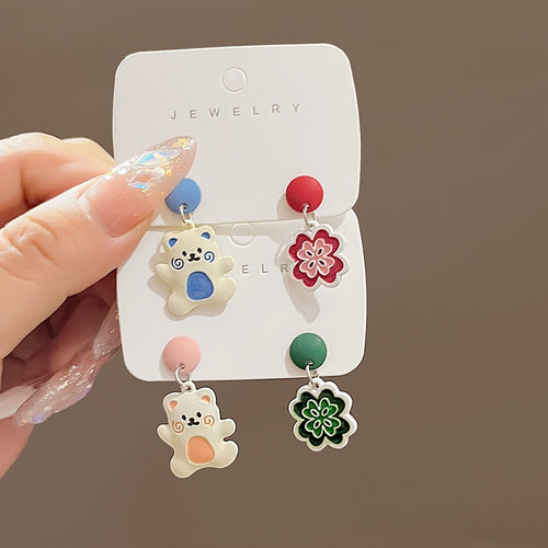 Cute Enamel Flower Bear Colorblock Stud Dangle Earrings For Women Simple Niche Design Silver Needle Earrings