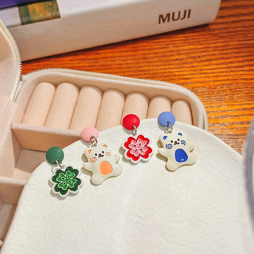 Cute Enamel Flower Bear Colorblock Stud Dangle Earrings For Women Simple Niche Design Silver Needle Earrings