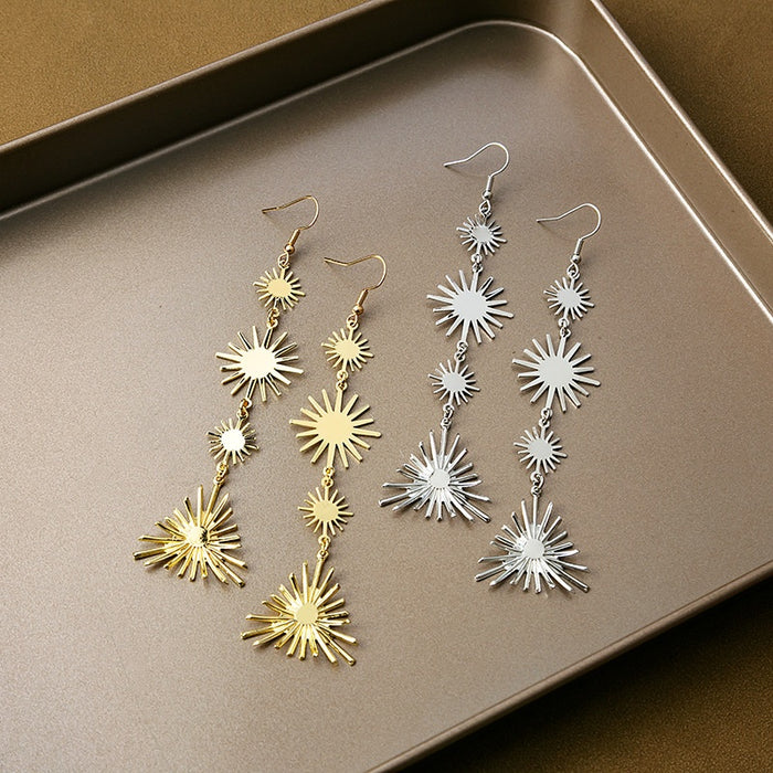 Elegant Alloy Sunburst Starburst Radiant Line Multi Layer Long Dangle Hook Statement Earrings
