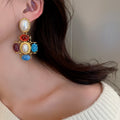 Vintage Metal Pearl Oval Flower Stud Earrings, Palace Style Elegant Silver Needle Ear Jewelry view 2