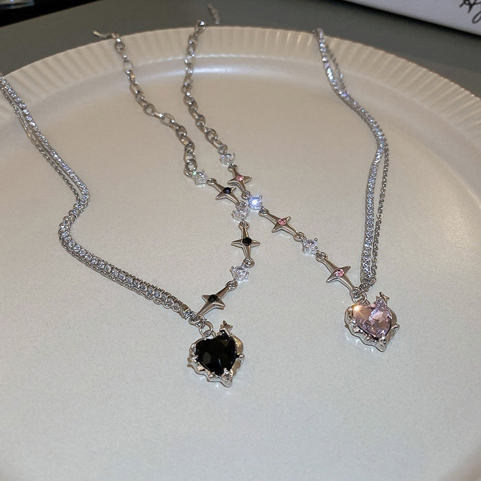 Iron Rhinestone Heart Starburst Pendant Necklace For Women Minimalist Fashion Clavicle Chain
