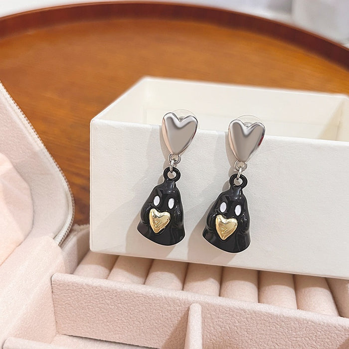 Kawaii Enamel Black Penguin Heart Drop Stud Earrings Silver Needle Cute Sweet Alloy Earrings