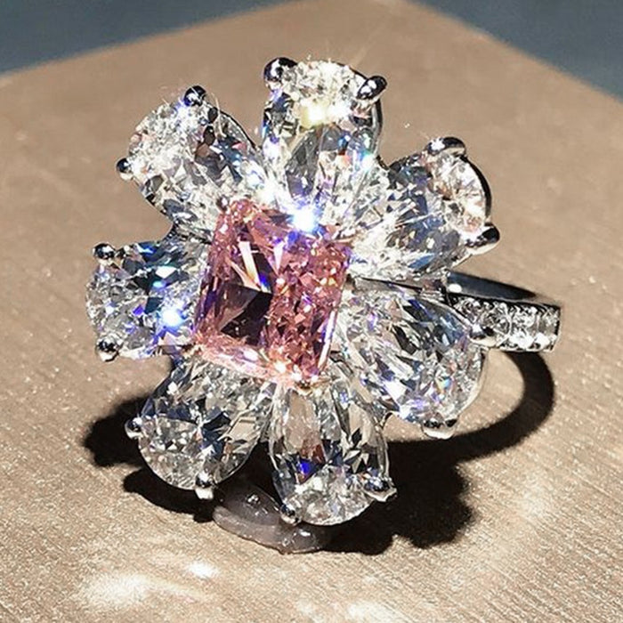Sweet Flower Ring With Pink Zircon Stones, Romantic Floral Finger Ring For Valentine's Proposal