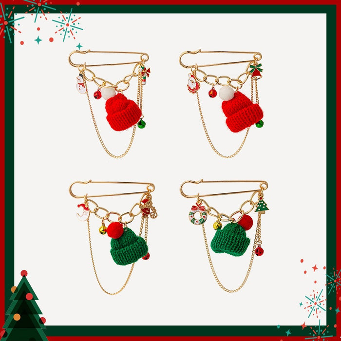 European Christmas Chain Brooch With Cute Hat Bell Snowman, Creative Fashion Corsage Pin