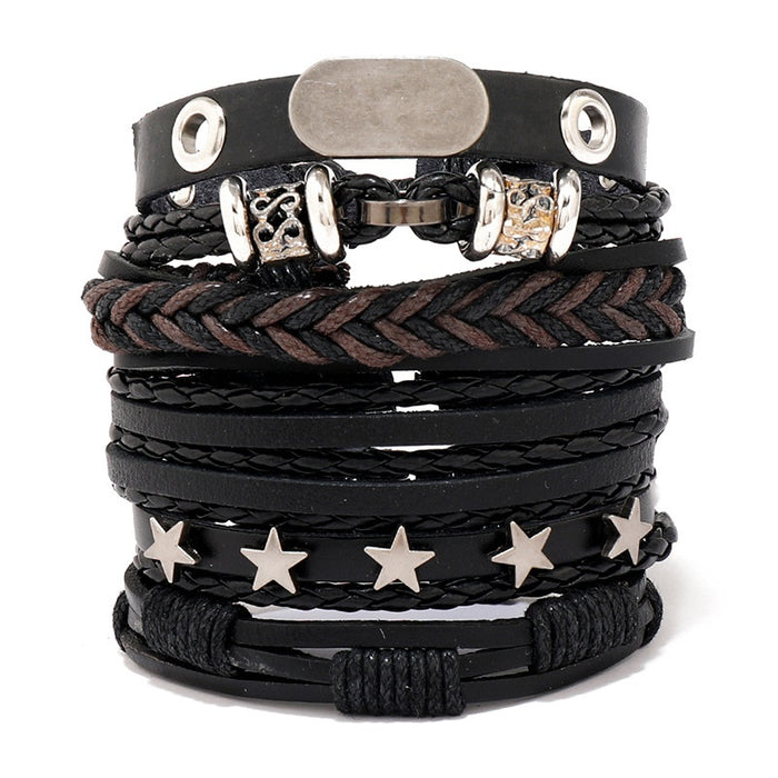 Simple Handmade Braided Leather Bracelet 5 Piece DIY Set, Adjustable Men's Wristband Jewelry