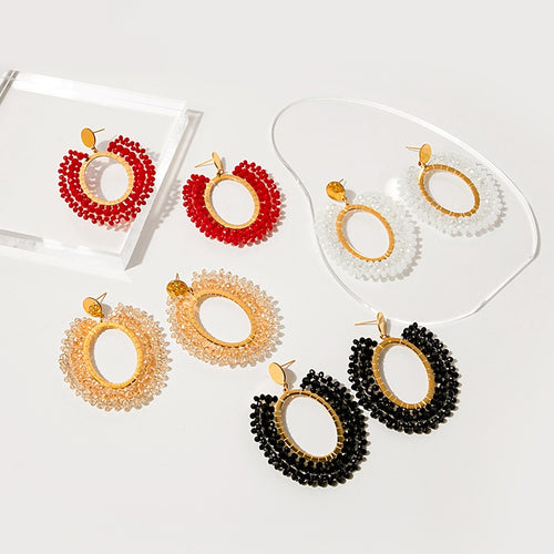 Vintage Gold Alloy Oval Hoop Dangle With Sparkling Crystal Bead Fringe Women's Statement Earrings