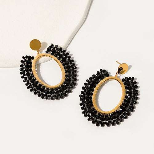 Vintage Gold Alloy Oval Hoop Dangle With Sparkling Crystal Bead Fringe Women's Statement Earrings