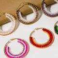 Elegant Geometric Gold Alloy Hoops With Handwoven Colorful Crystal Beads And Faux Pearl Accents Earrings view 2