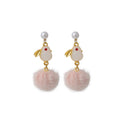 Elegant Faux Hetian Jade Rabbit With Rhinestone Eyes Pearl Pom Pom Alloy Long Drop Stud Earrings view 5