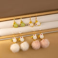 Elegant Faux Hetian Jade Rabbit With Rhinestone Eyes Pearl Pom Pom Alloy Long Drop Stud Earrings view 2