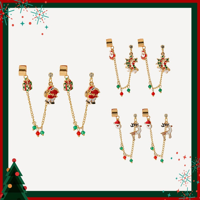 Cute Christmas Santa Reindeer Tree Gift Enamel Alloy Rhinestone Chain Ear Cuff Stud Earrings
