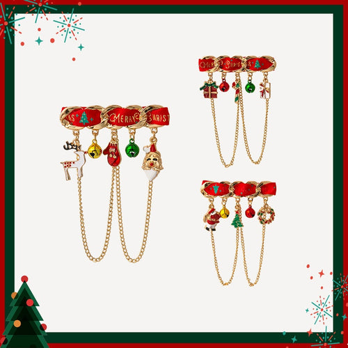 Christmas Elk Santa Claus Fabric Corsage Brooch With Chain Pendant Festive Accessory For Women