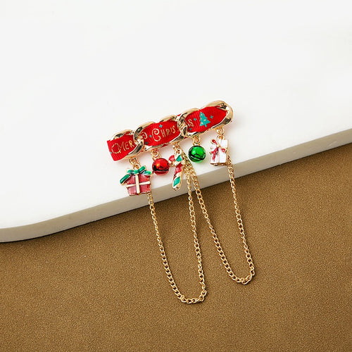 Christmas Elk Santa Claus Fabric Corsage Brooch With Chain Pendant Festive Accessory For Women