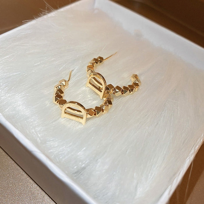 Korean Style Metal Letter Geometric Hoop Earrings With Silver Pins For Women