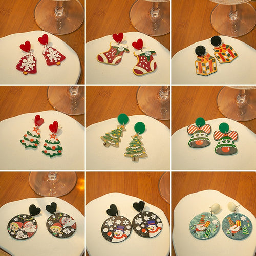 Christmas Cartoon Snowman Bell Reindeer Snowflake Enamel Alloy Statement Stud Dangle Earrings