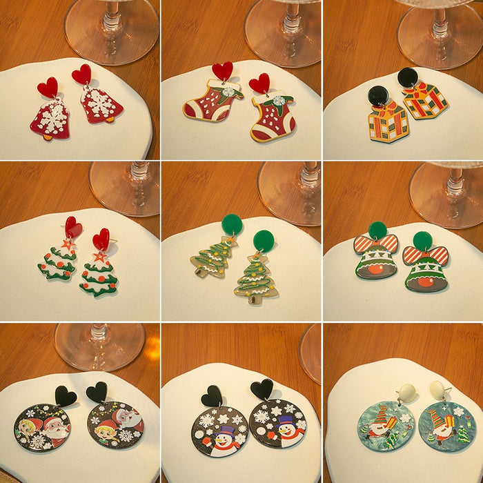 Christmas Cartoon Snowman Bell Reindeer Snowflake Enamel Alloy Statement Stud Dangle Earrings