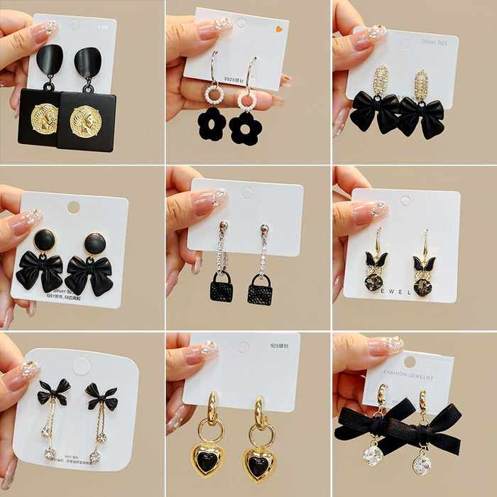 Silver Needle Black Rhinestone Stud Earrings Light Luxury Bow Rose Drop Earrings For Women