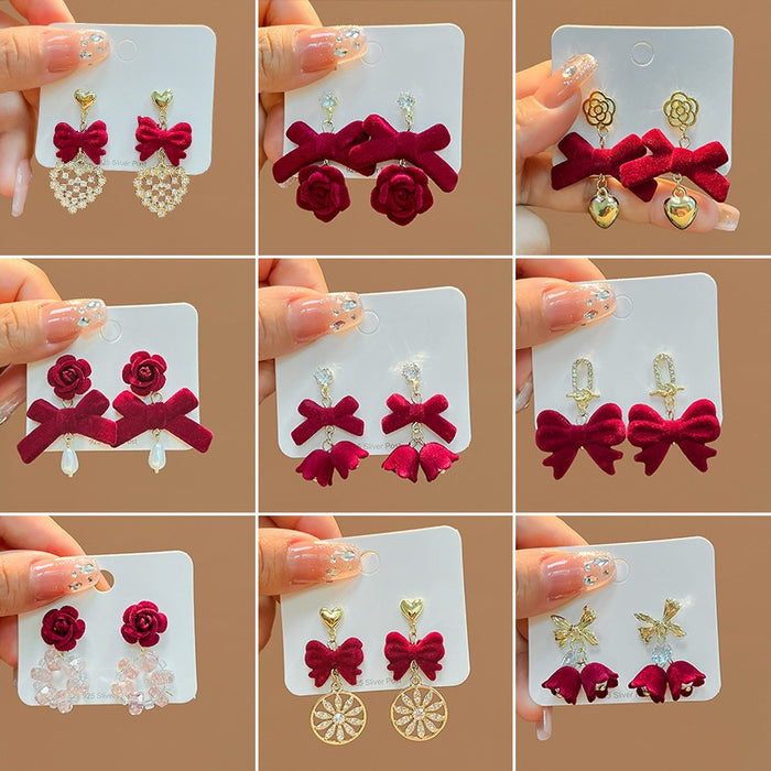 Elegant Red Velvet Bow Flower Heart Pendant Alloy Rhinestone Crystal Stud Drop Earrings