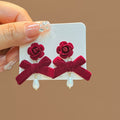 Elegant Red Velvet Bow Flower Heart Pendant Alloy Rhinestone Crystal Stud Drop Earrings view 4