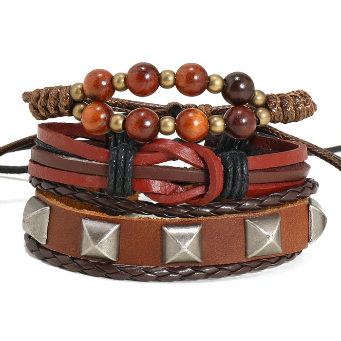 Handmade Braided Brown Cowhide Leather Bracelet 3 Piece Set Hip Hop Cuff Jewelry
